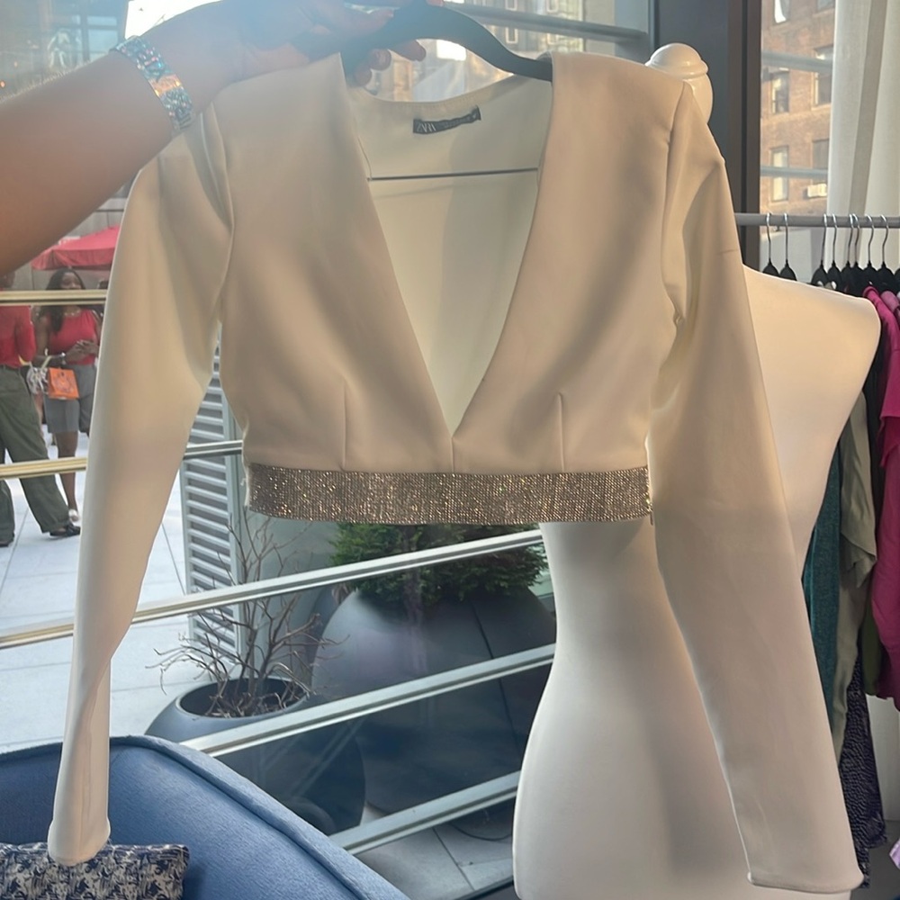 Zara White Rhinestone Crop Top small